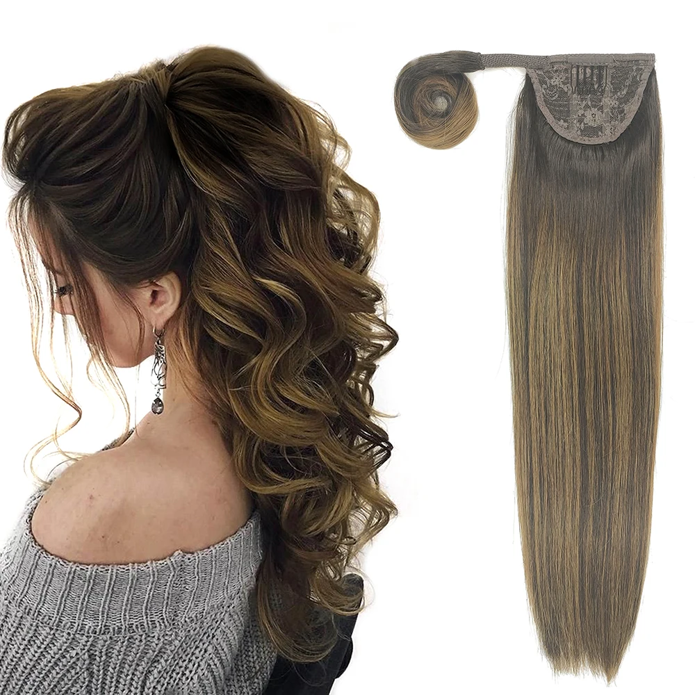 
New Arrival Natural Ombre Wrap Around Ponytail Straight Human Hair Extensions Shiny Blonde Clip in Virgin Remy Hair Ponytail 