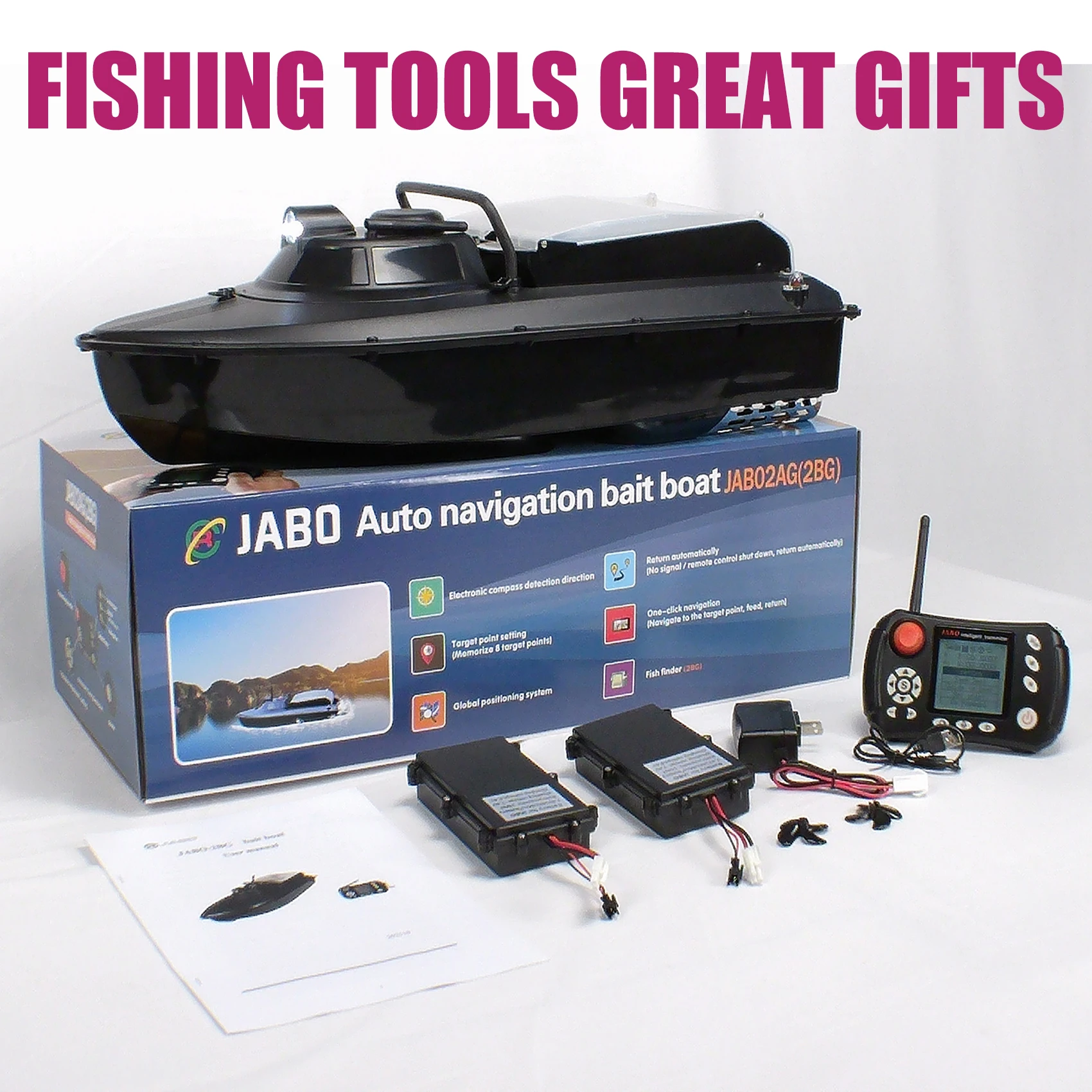 JABO2BG-7.4V10A*2+knapsack GPS bait boat Directional Fixed Distance 300 Auto baiting robot delivery Store 16 points