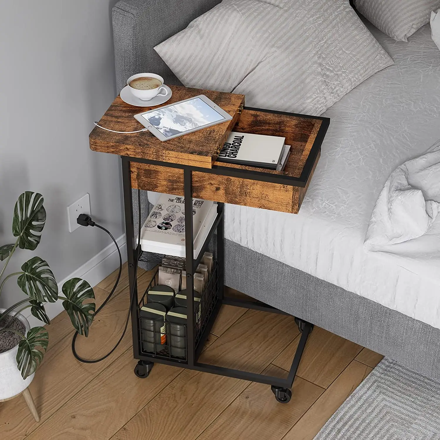 End Table with Charging Station C Shaped Snack Table for Small Spaces Flip Top Side Table with USB Ports Power Outlets
