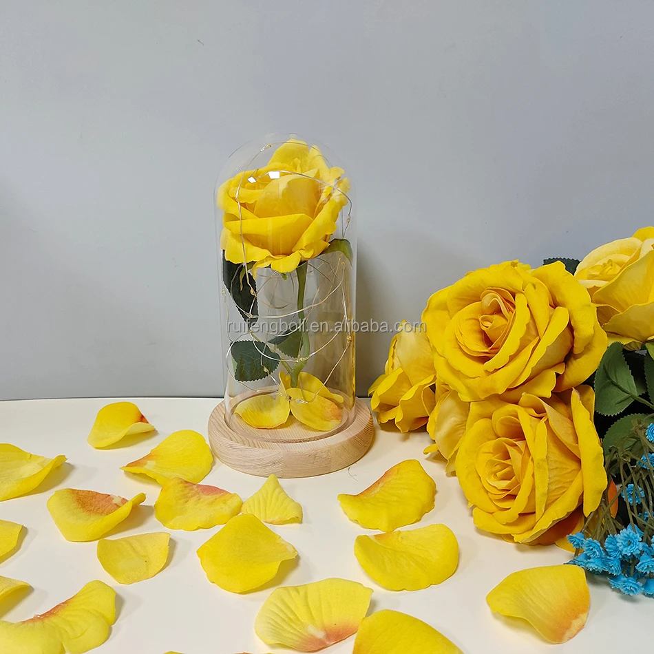 Preserved rose in glass dome day gifts glass dome single preserved eternal dried flower covered led light rose glass dome