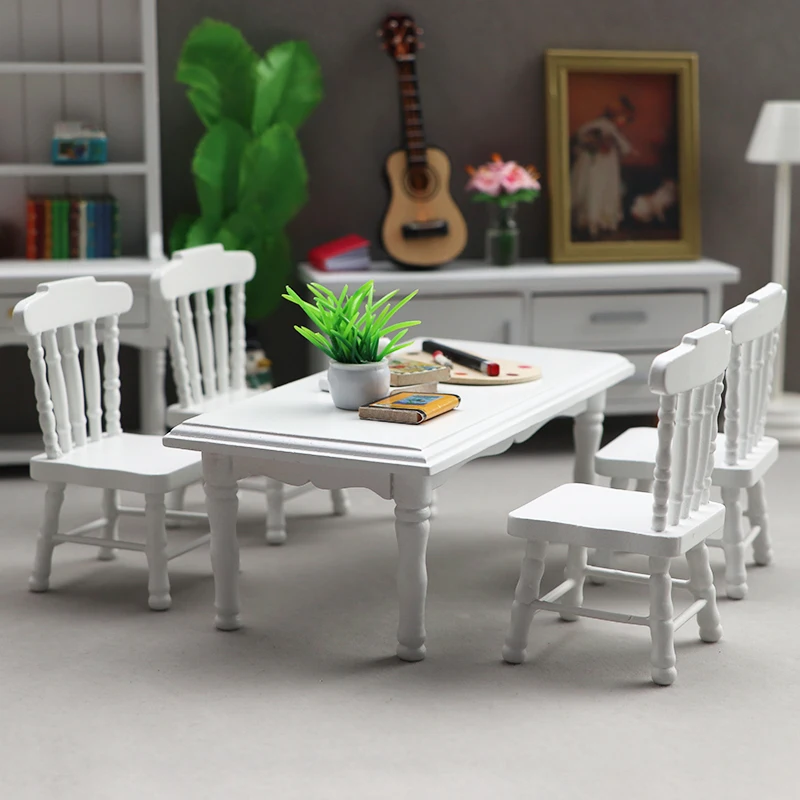 1:12 Wooden Dollhouse Miniature Furniture Restaurant Micro Scene Model Decoration White Dining Table Chair