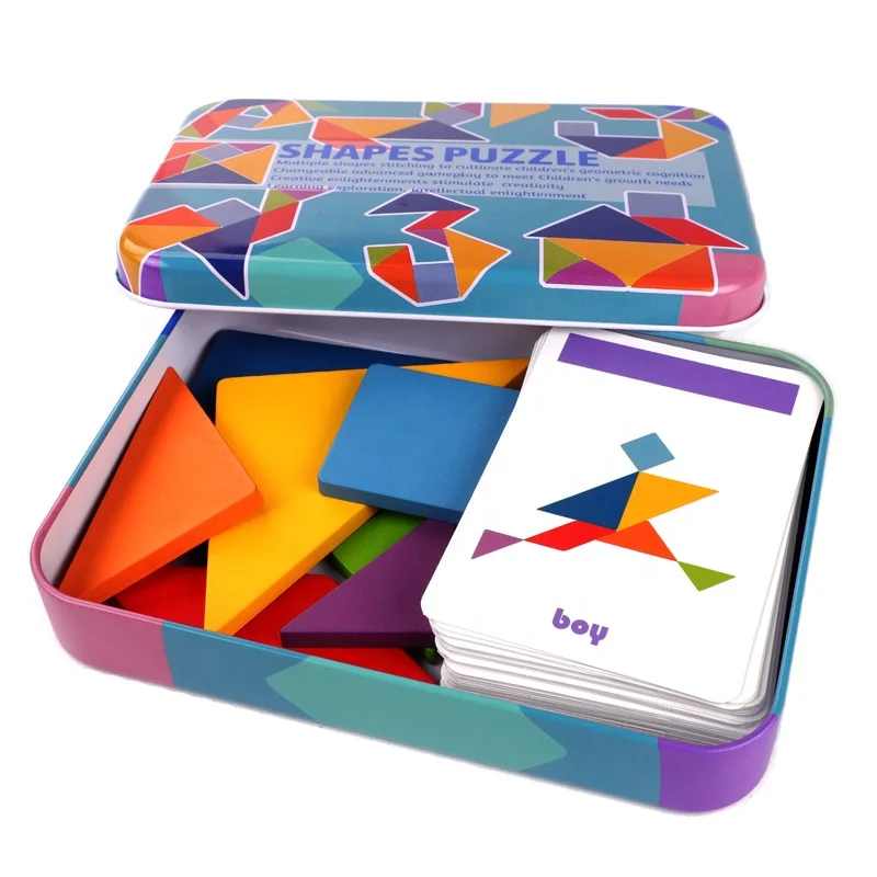 Wooden Tangram Jigsaw Puzzle Colorful Square IQ Game Brain Teaser Intelligent Educational Kids Toys