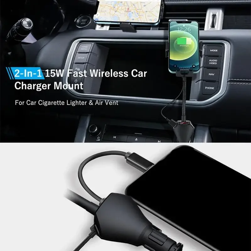 Car Charger Holder Mount Wireless Charger Phone Holder Dual USB Detector Adjustable Cell Phone Holder Cigarette Lighter Splitter