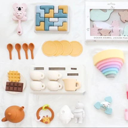 Newest Children Simulated Tea Party Toy Silicone Afternoon Tea Dessert Set Toy for Kids Play House Pastry Toy Tea Set