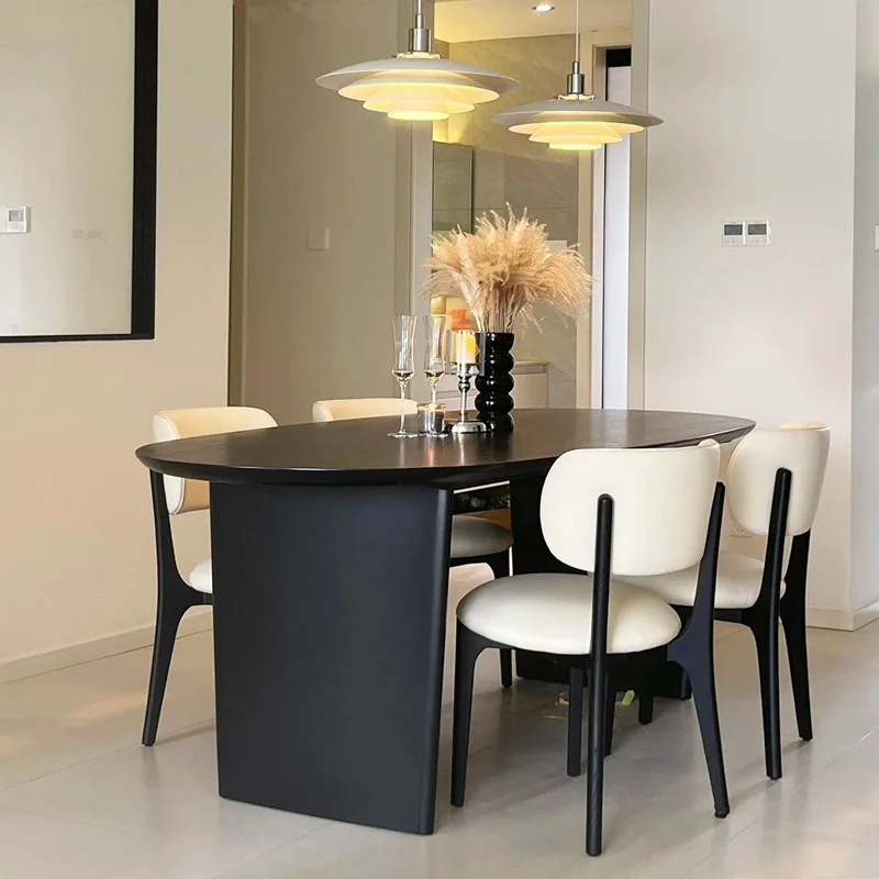 Nordic black solid wood dining table antique style quiet wind small household oval dining table natural wood negotiation table