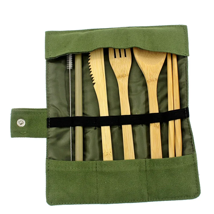 
6 Piece Travel Set Reusable Bamboo wooden Cutlery In cloth bag Case 