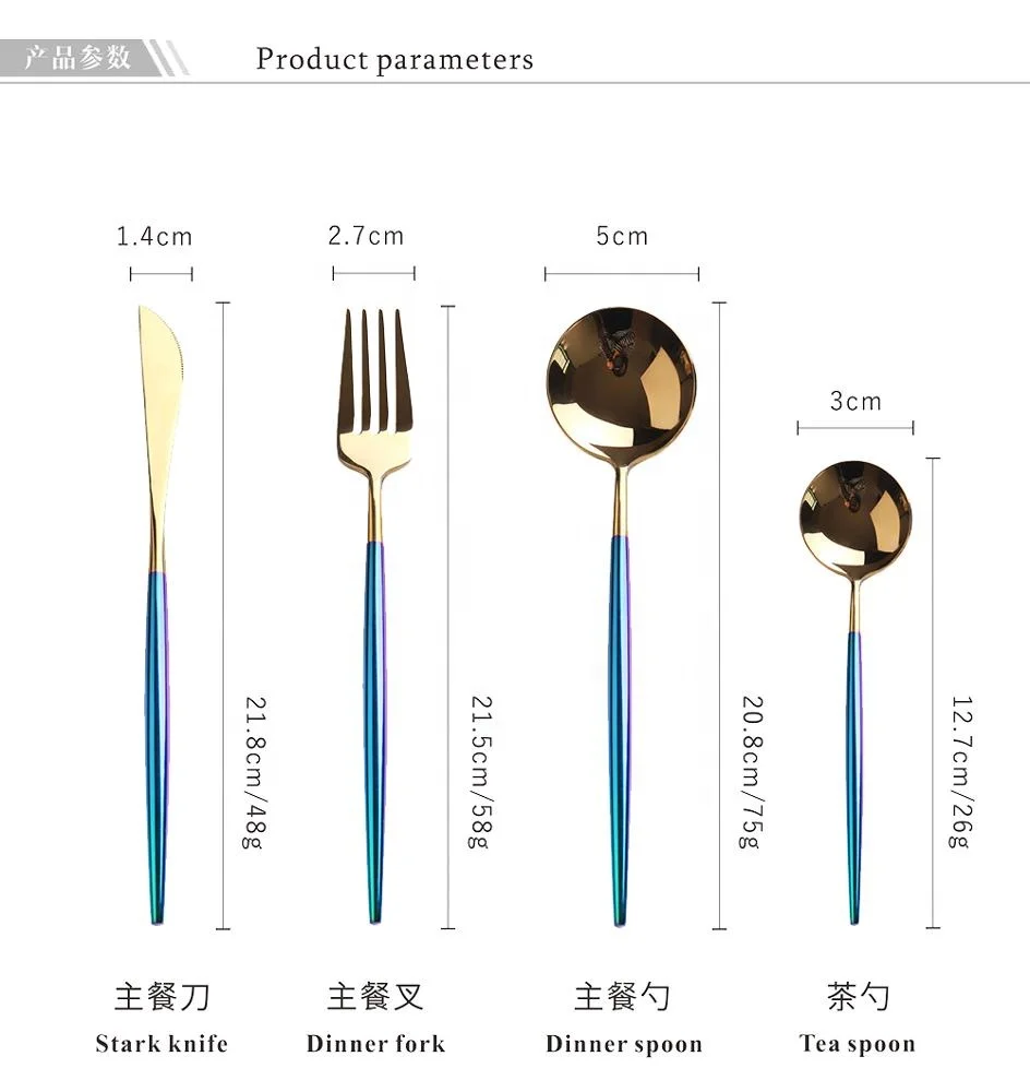 
Royal 4 Piece Matte Blue Handle 18/10 Stainless Steel Gold Tableware Sets Forks Spoons Knives Silverware Utensils Set 