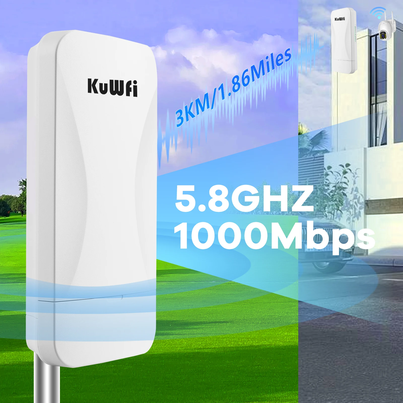 KuWFi WB5G03 3km long distance ap mode wifi repeater gigabit port 24V POE power white ptp outdoor cpe for ip camera
