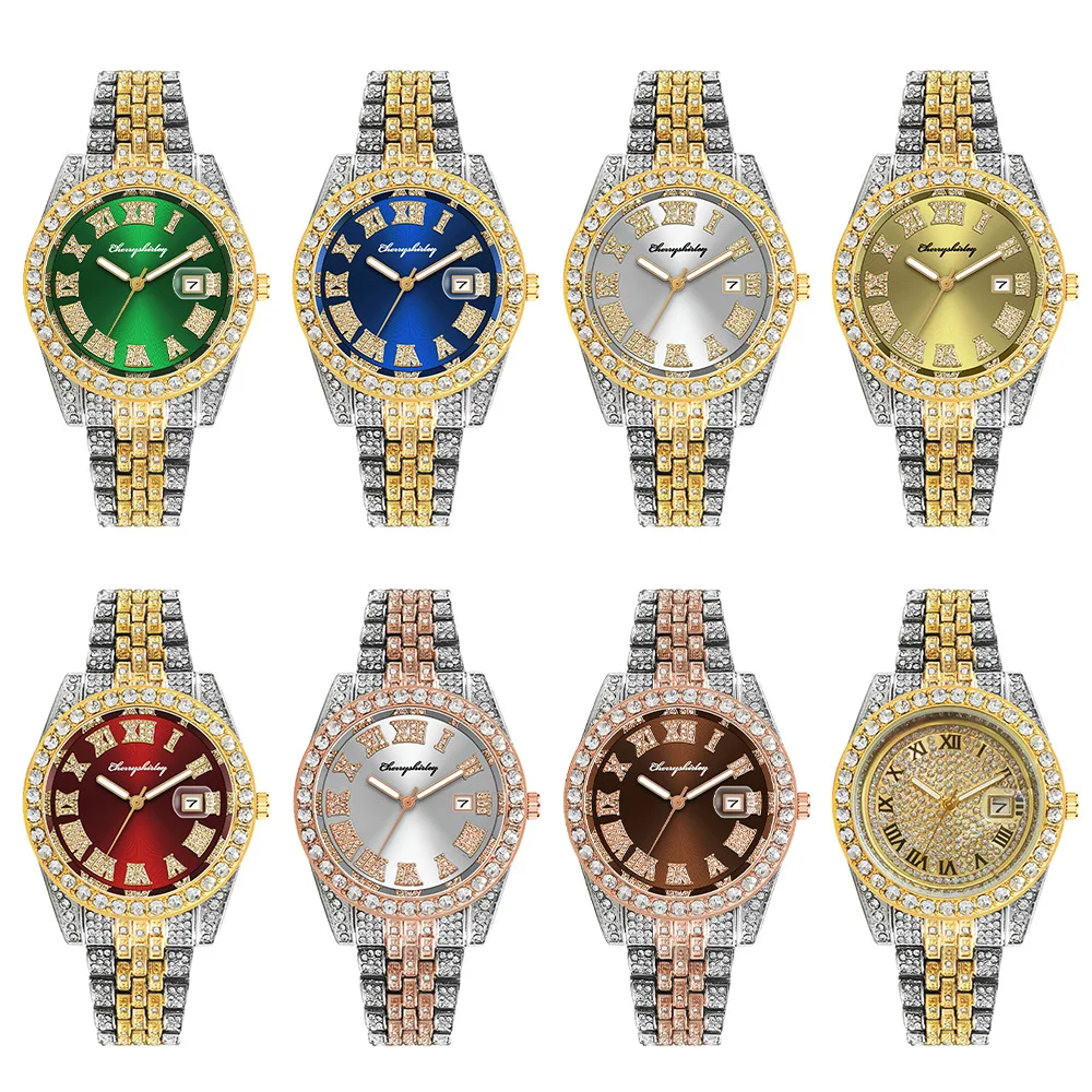 3pcs/set Iced Out Watches men wrist luxury Watch Cuban Link Chain Bracelet set Bling Jewelry Sets for Men Hip Hop Watch For men