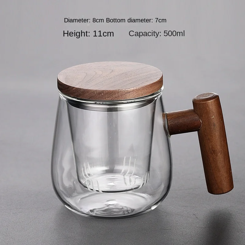 500 мл с высокой боросиликатной боковой ручкой трехсекционный фильтр чашка для чая деревянной крышкой