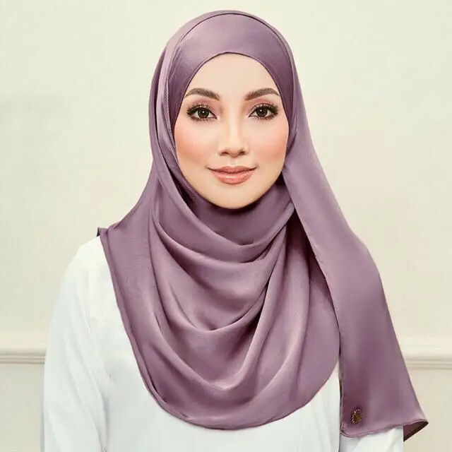 Wholesale High Quality Silk Satin Scarf Long Muslim Women Solid color hijab Malaysia Satin Turban