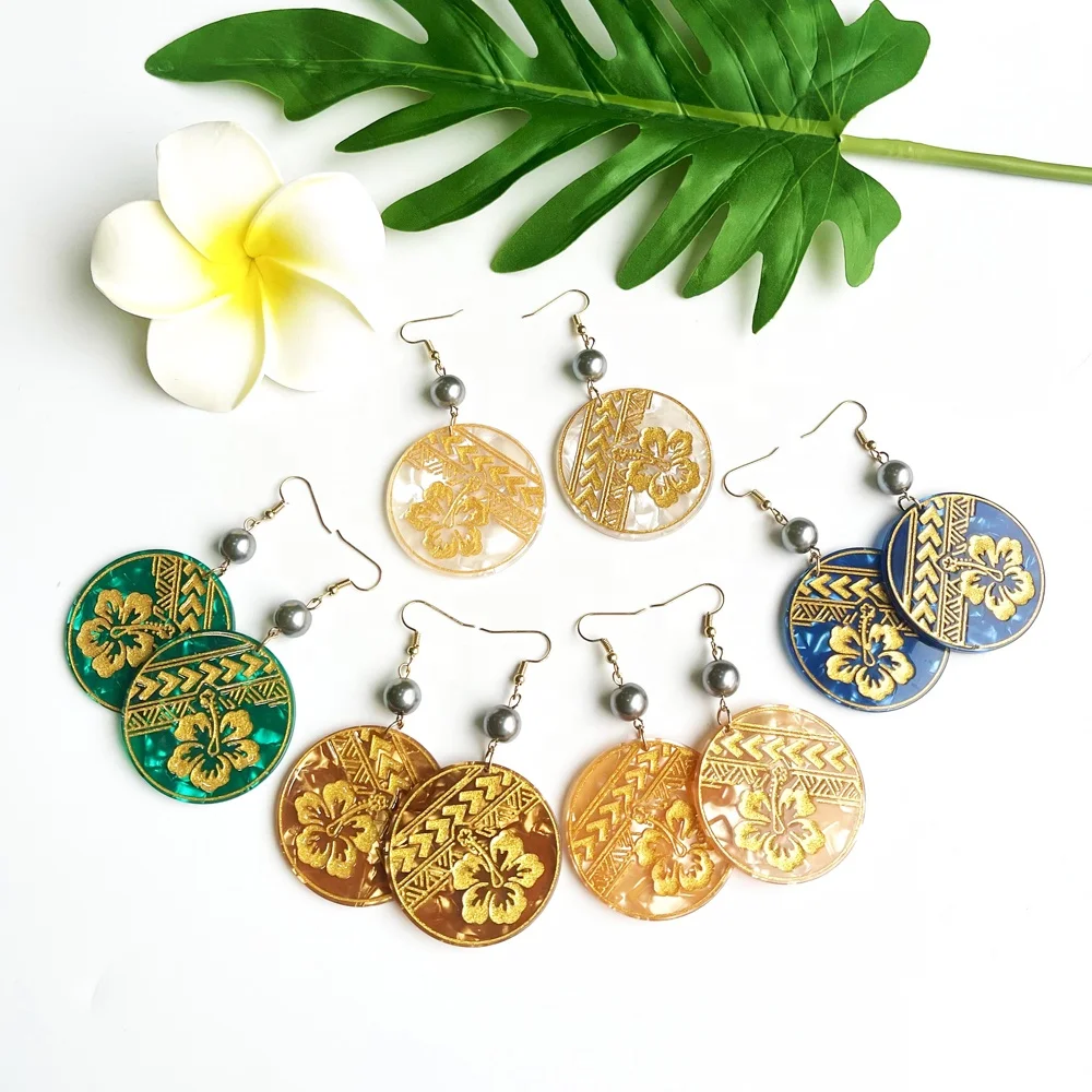 Oceanies Pacific Islander Fashion Jewelry Earrings Acetate Acrylic Earrings with Gold Flowers Tribals Carved Earrings