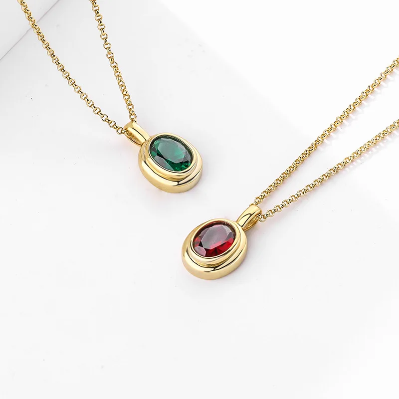 Elegant 925 Sterling Silver Oval Stone Necklace 18K Yellow Gold Ruby and Emerald Pendant Necklace
