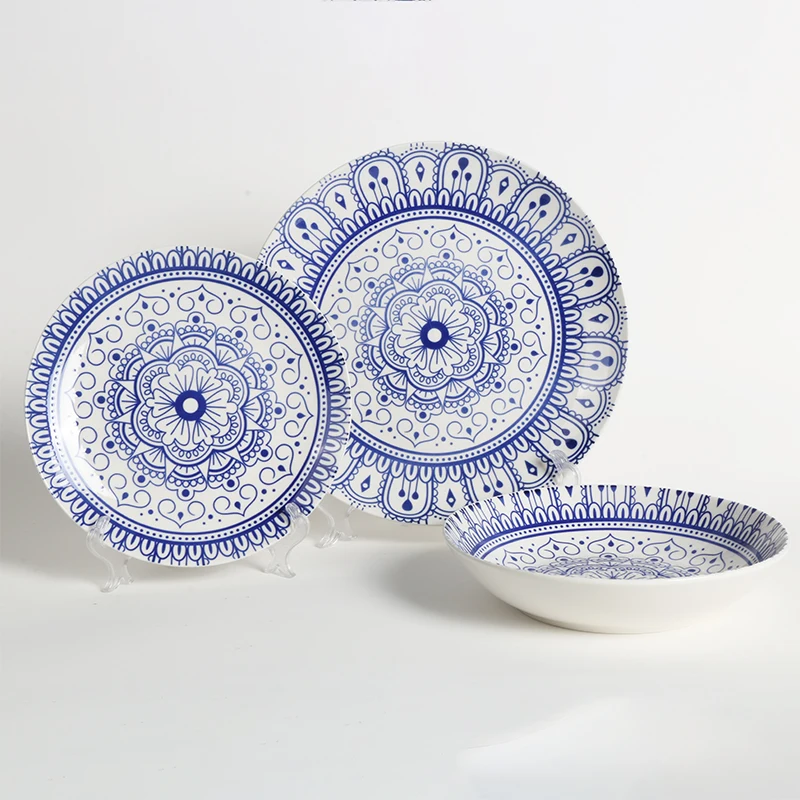 wholesale ceramic  pad printing dinnerware set blue and white porcelain dinner sets of good quality 18 pcs plates  set