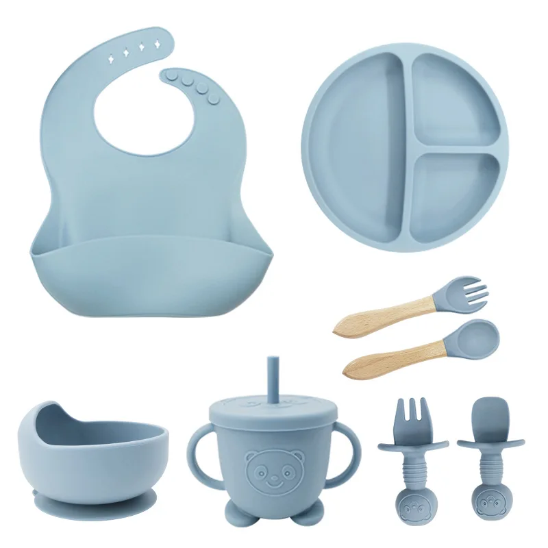 Wholesale Custom Bpa Free Kid Other Tableware Silicone Bowl Suction Snacks Cup Straw Plate Bibs Products Baby Feeding Set