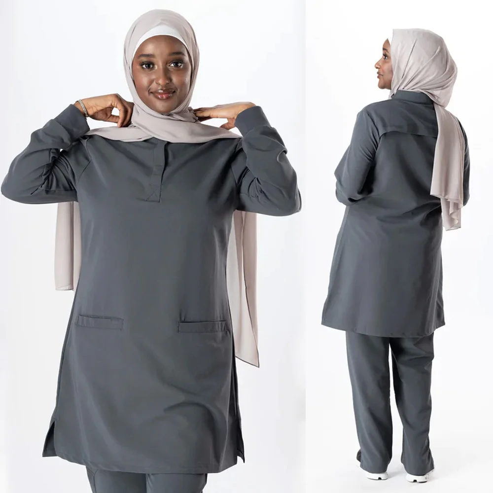 High Quality Islamic Doctor Muslim Middle East 4 way Stretch Custom Straight-leg Arabia Pants Uniforms Hospital Nurse Scrubs Set