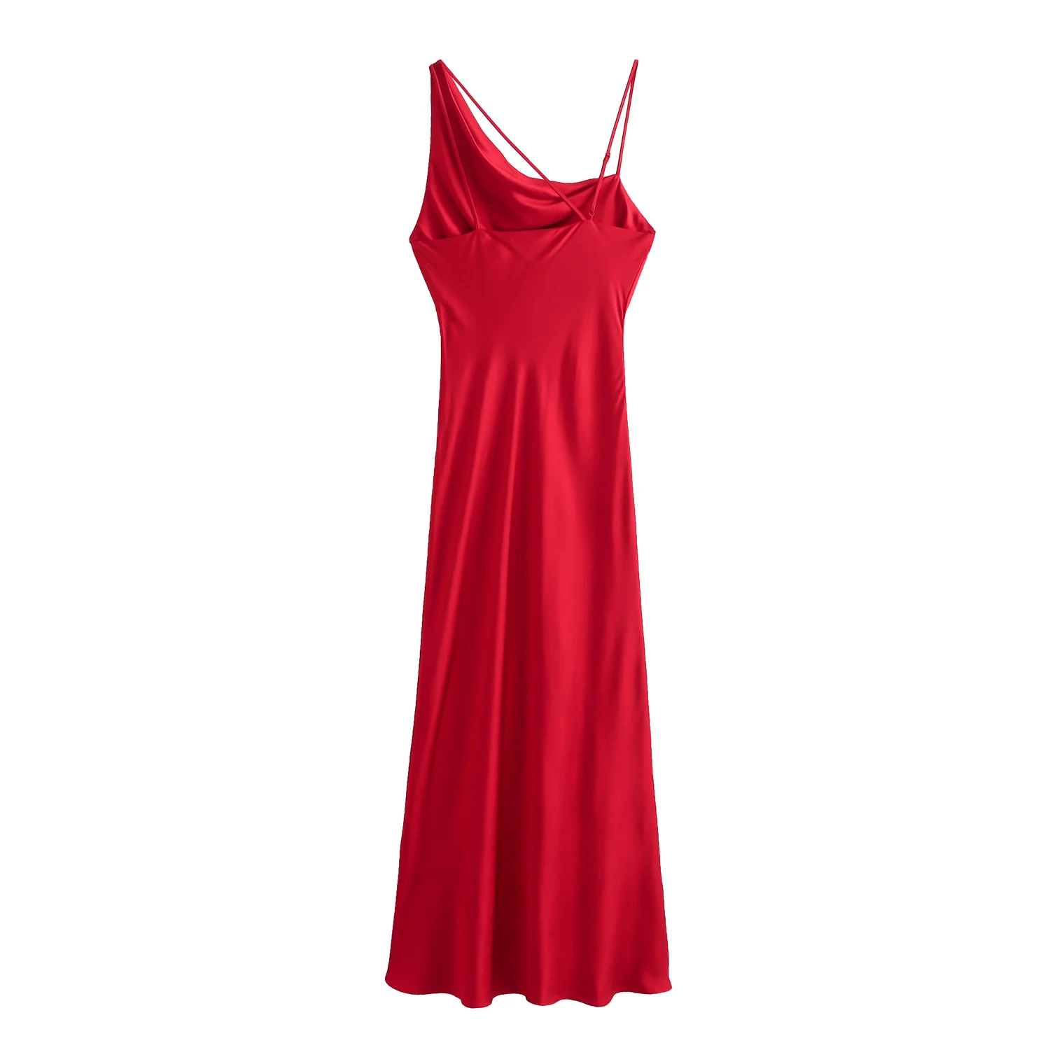 Red color asymmetrical design sleeveless silky casual fashion women satin long dress