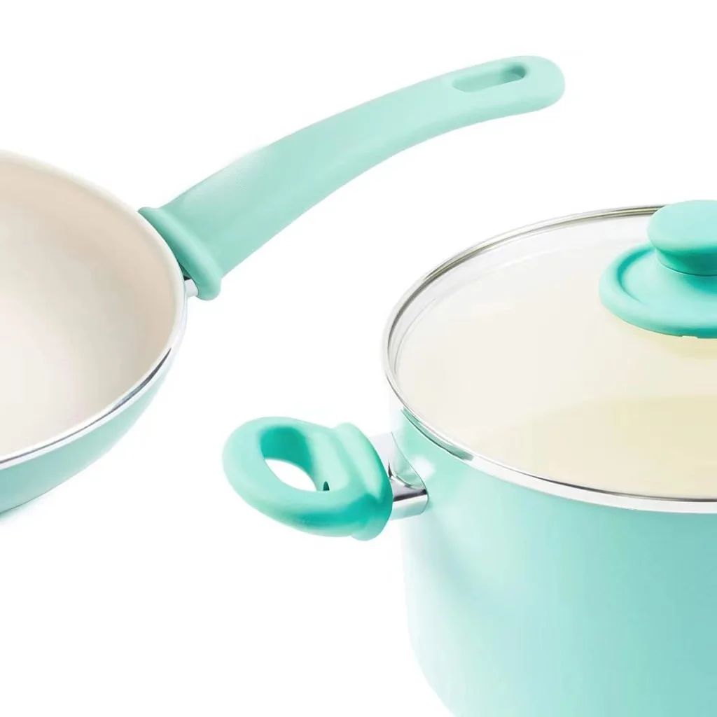 Hot Sale 16Pc sky blue press Aluminum Non Stick Ceramic Coated Cookware Set