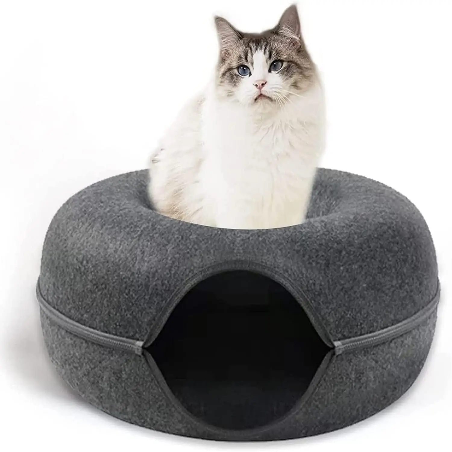 Wholesale Solid Color High Quality Hideaway Cat Bed Cave Nest Durable Felt Round Donut Cat Tunnel Bed