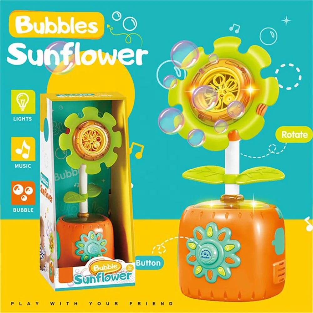 Kids Electric Bubble Maker Blow Plastic Bubble Toy Sunflower Shape Colorful Light Music Bubble Machine with Refill Solution 40ml