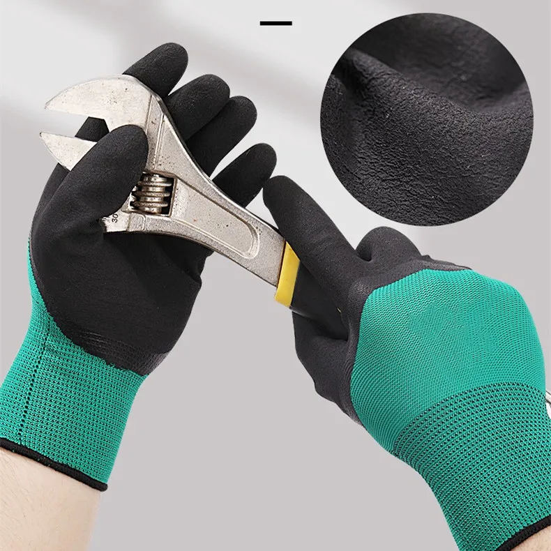Guantes Guanti 13G Green Polyester Nylon Knitted Latex Crinkle Foam Dipped  Safety Industrial Latex 3/4 Half Coated Work Gloves