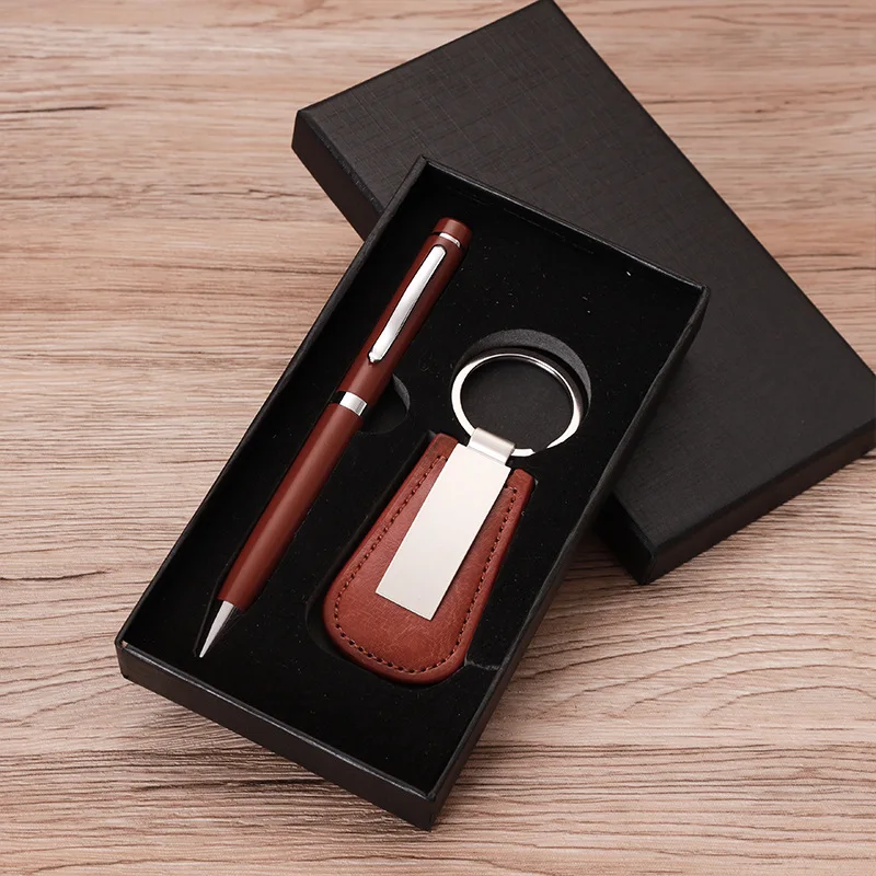 New Style Various Design Gift Set Box Leather Metal Pen Key Chain Gift Office Leather Metal Ball Pen And Keychain In Box Set