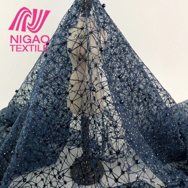 Custom pattern 3D beaded embroidered fabric glitter tulle mesh fabric lace fabric  for evening dress