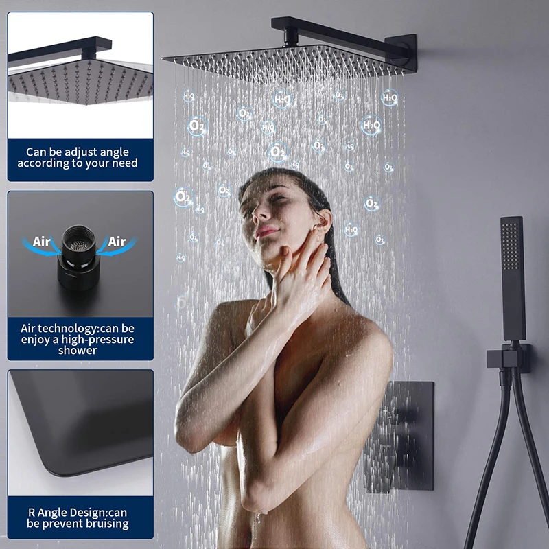 
Shower system black shower set wall mounted 12-inch high pressure shower head and hand spray 