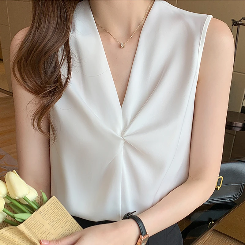 Blouse Femme Summer Sleeveless White Blusas Mujer Blouse Women 2023 V-Neck Chiffon Blouses Shirt Tops Women Shirts