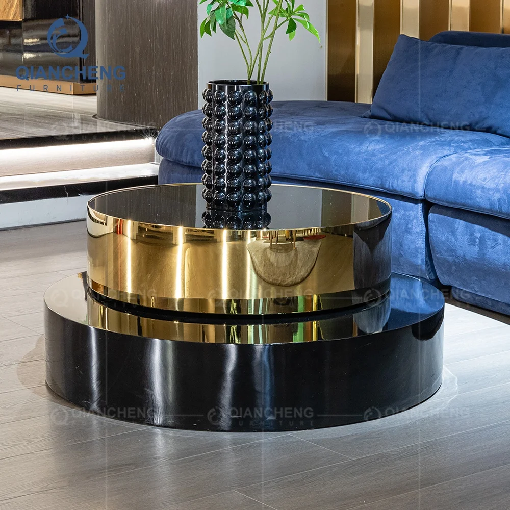 living room furniture black rotation coffee table modern design gold metal frame round coffee table