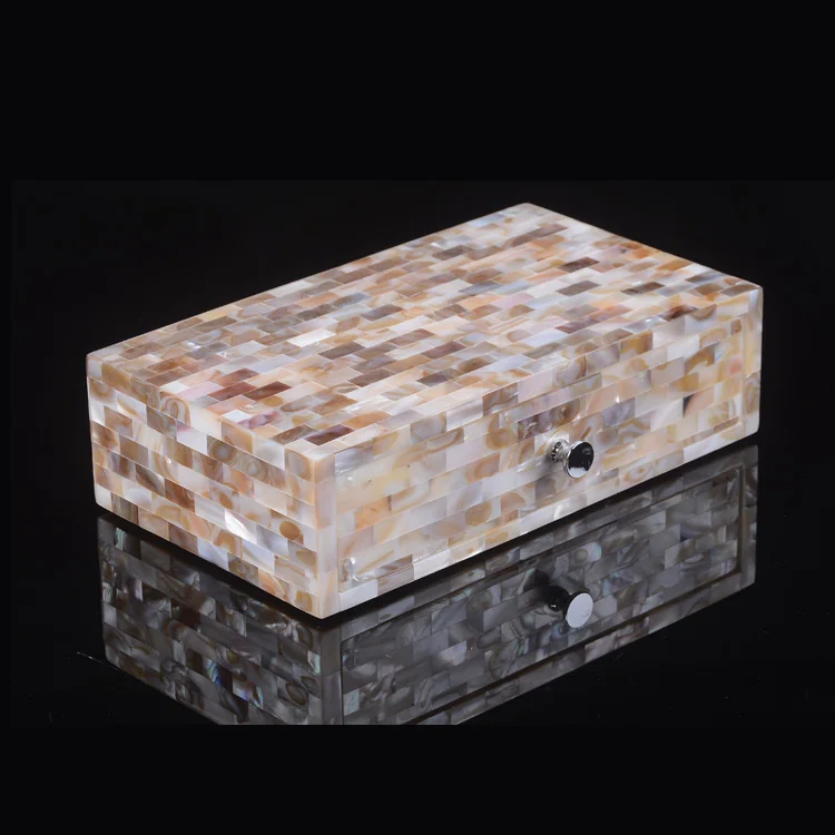 Custom logo luxury high end square  white MOP sea shell tissue box with stainless steel lid for gift spa hotel villa department