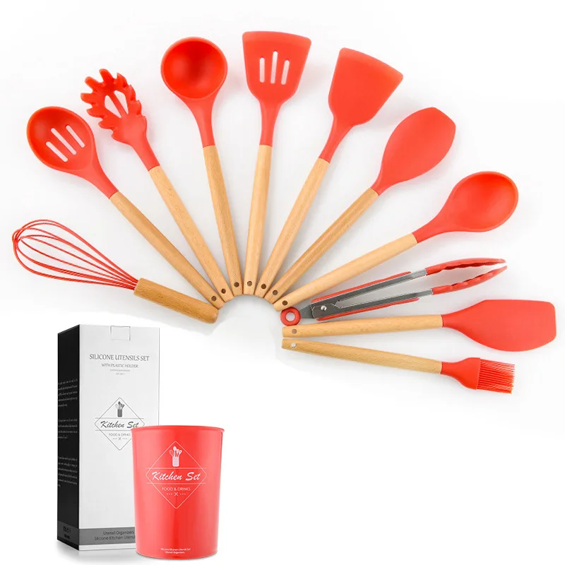 11 Pcs Silicone Cooking Utensils Kitchen Utensils Set Heat Resistant Wooden Handle Silicone Cooking Kitchen Utensils Set