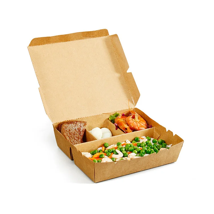 Disposable kraft white paper Takeout 2 compartment food box with anti fog for noodle snack fast food lunch boxes