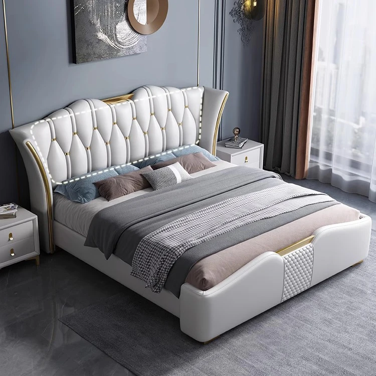 Luxury Italian Faux Leather Platform King And Queen Size Bed With Storage And Drawers For Bed Room Comfortable Sleeping