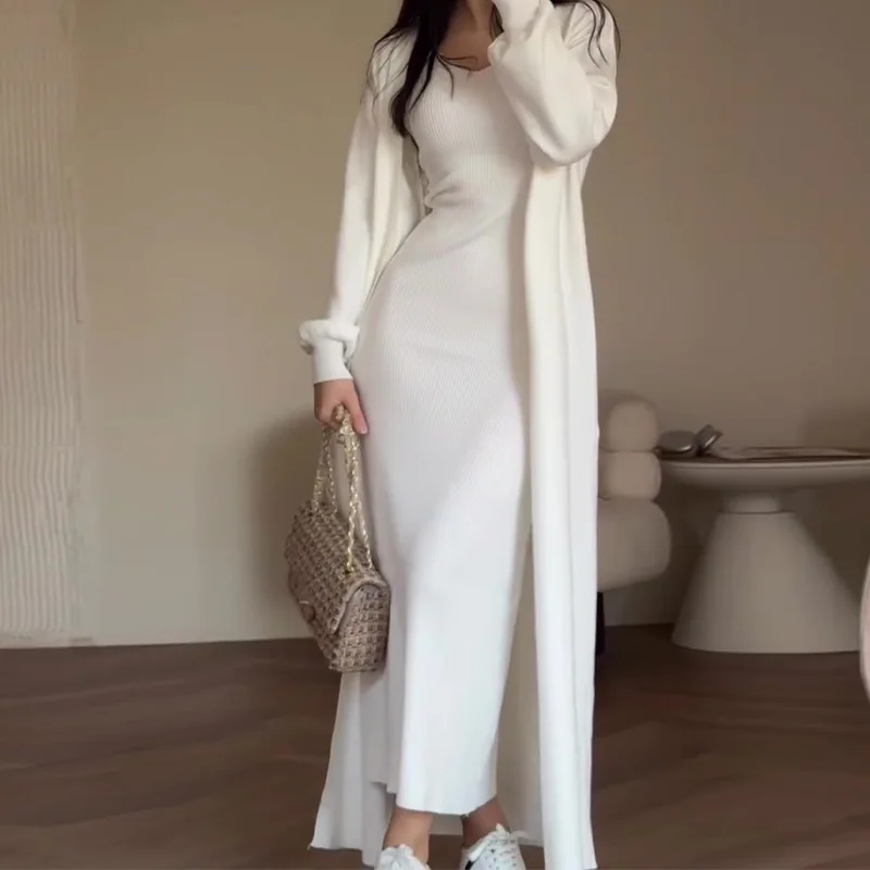 Высококачественная Женская однотонная одежда макси Vestidos Для женщин Элегантное трикотажное платье с кардиганом комплект из двух