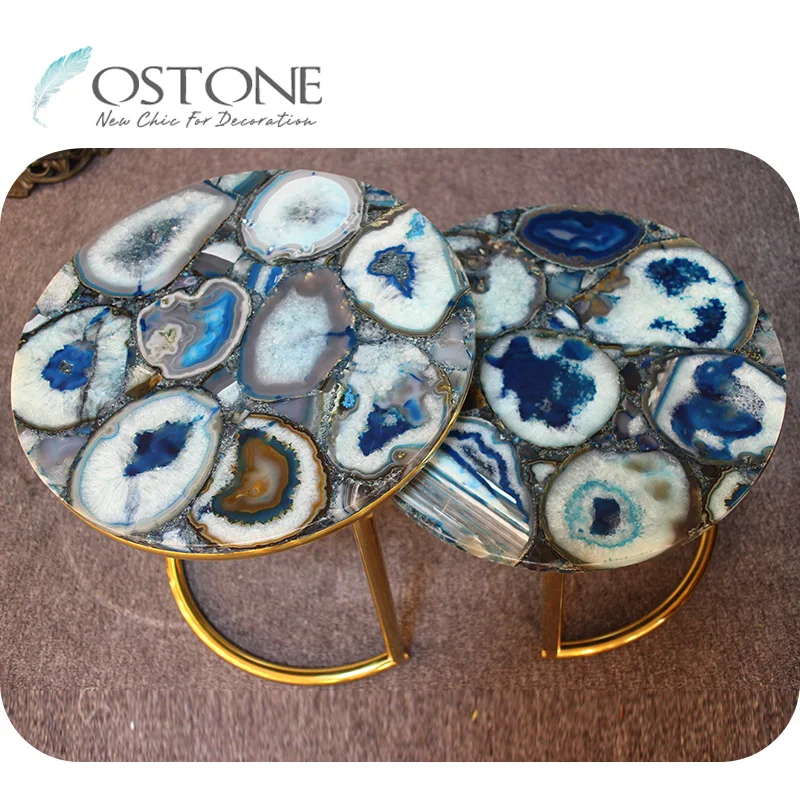 Delicate Living Room Furniture Round Green Pink Semiprecious Stone Nesting Coffee Table