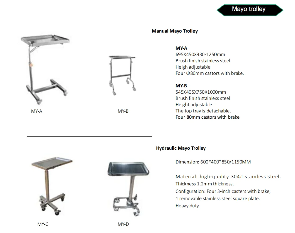 hospital Furniture bedside trolley table, mesa de mayo acero  cart with wheels, stainless steel  Mayo Instrument table Trolley