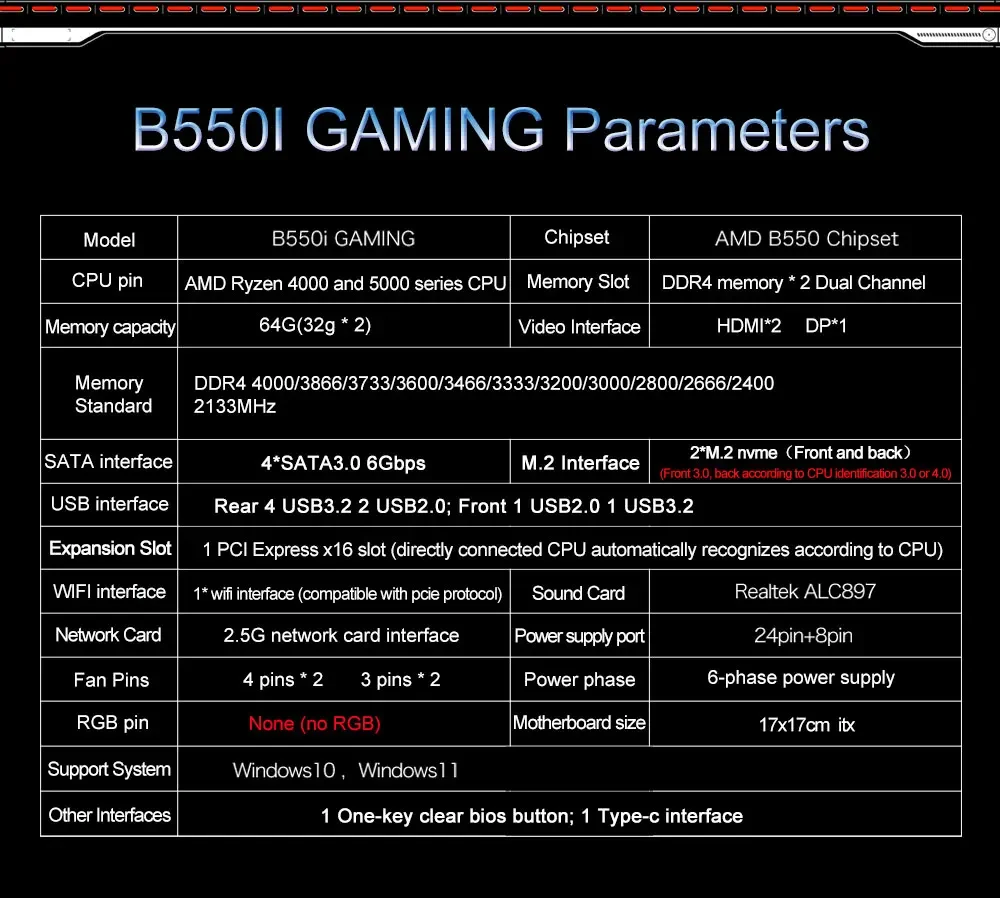 JGINYUE AMD B550 AM4 mini ITX Motherboard supports Ryzen R5 4000/5000 series processors DDR4 RAM PCI-E 4.0 B550i GAMING