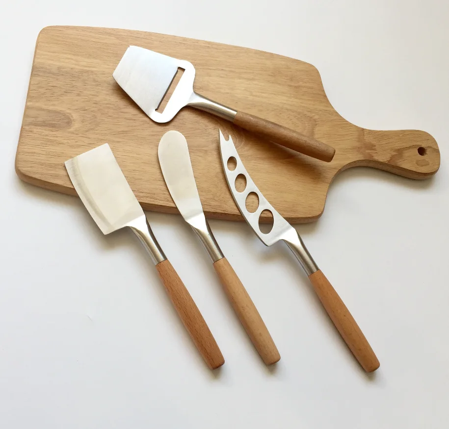 5pcs/lot Wood Kitchen Tool Scraper Slicer Stainless Cheese Cutter Spreader Bamboo Handle Knife Set With Wood Chopping Board