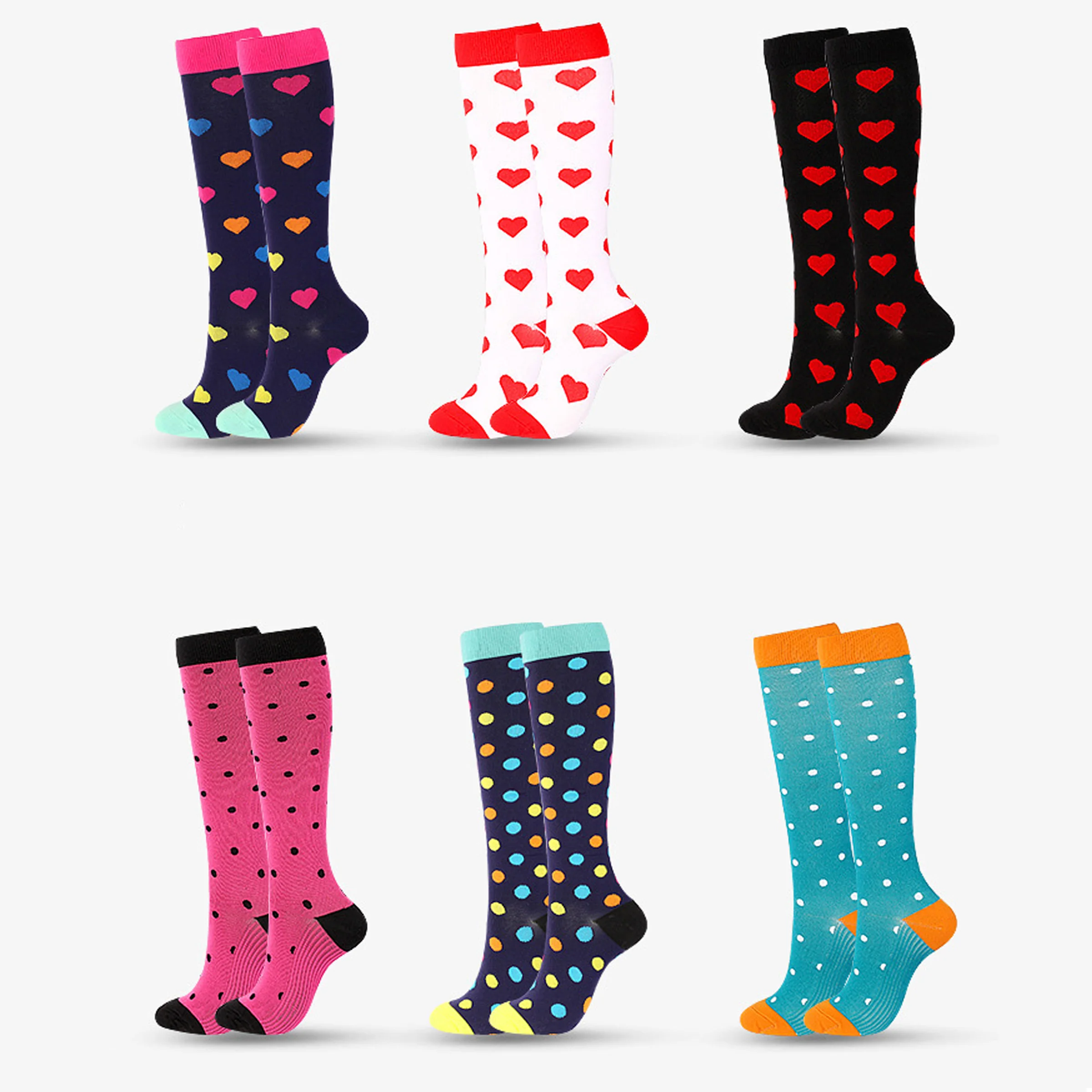 Wholesale Unisex 20-30mmhg Knee High Compression Socks Running Cycling Nurse Football Sport Colorful Stripe Dot Happy Socks