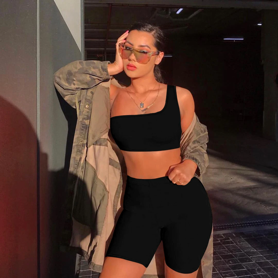 Женский пикантный комплект из двух предметов TOB, однотонный Летний Новый Модный нестандартный укороченный топ без рукавов и обтягивающие короткие брюки AM388, 1 шт.