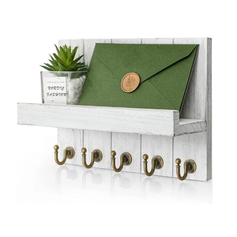 Wall-hung Type Wooden Decorative Wall Shelf Sundries Storage Box With 5 Hooks Hanger Organizer Key Rack Wood Floating Wall Shelf