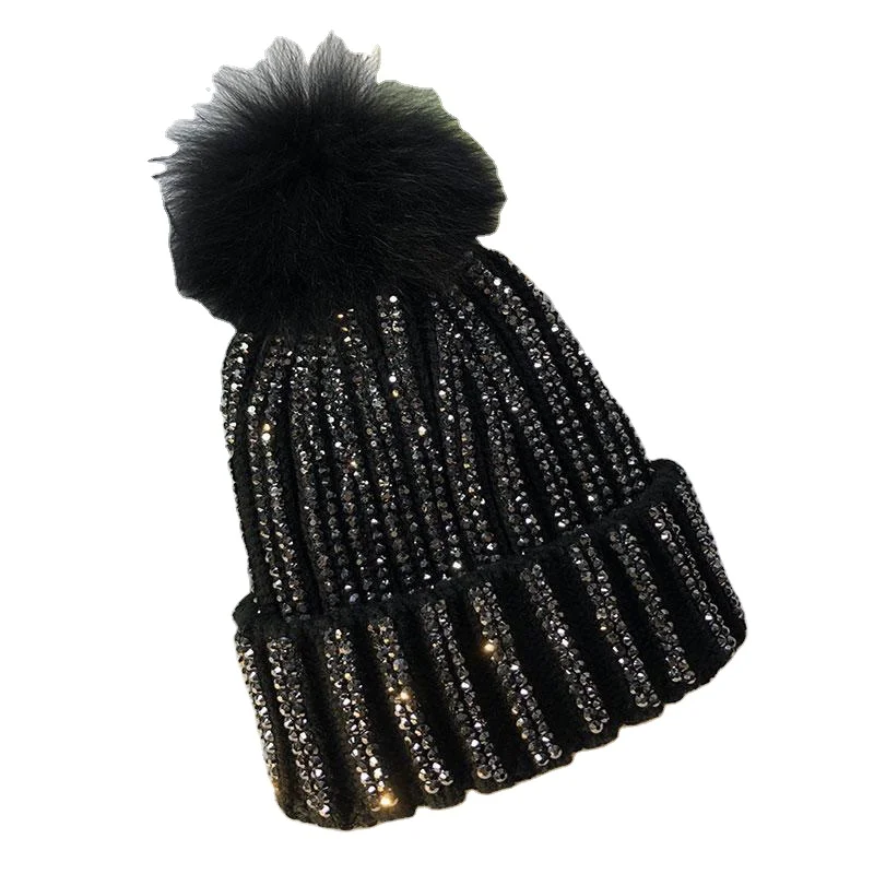 Winter Warm Fur Pom pom Knitted Hats Women Handmade Striped Rhinestone Beanie With Fur Ball