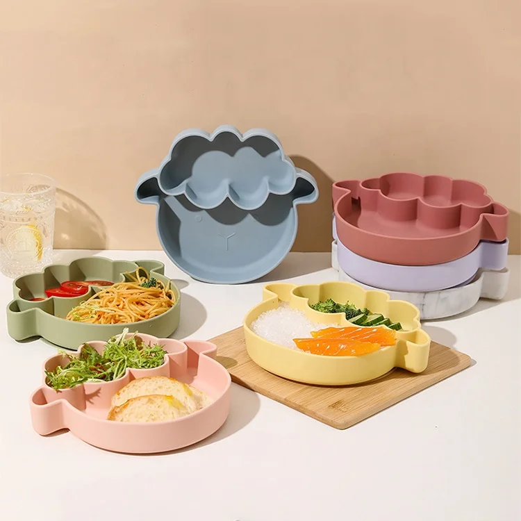 Wholesale BPA Free Non Slip Toddler Cute Sheep Dinner Plate Set Kids Grip Dish Food Feeding Divided Silicone Suction Baby Plate