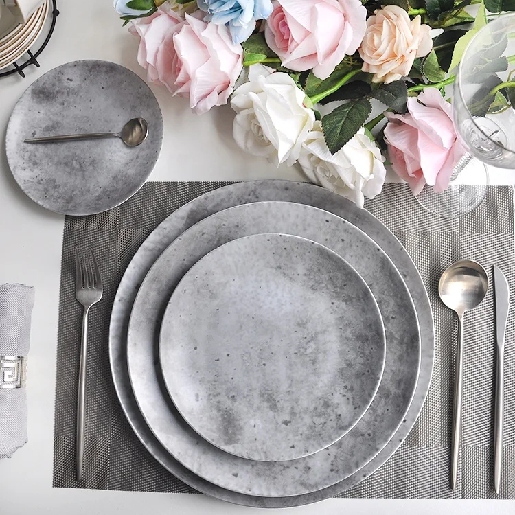 wholesale mexican gray matt round ceramic concrete plate sets dinnerware for restaurant catering