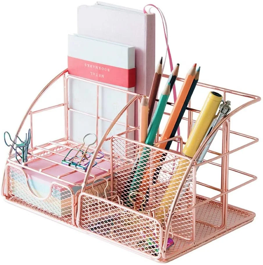 
Multi-Functional Metal Mesh Desk Storage Organizer with 6 Compartments Rose Gold Desk Organizer for Pen 