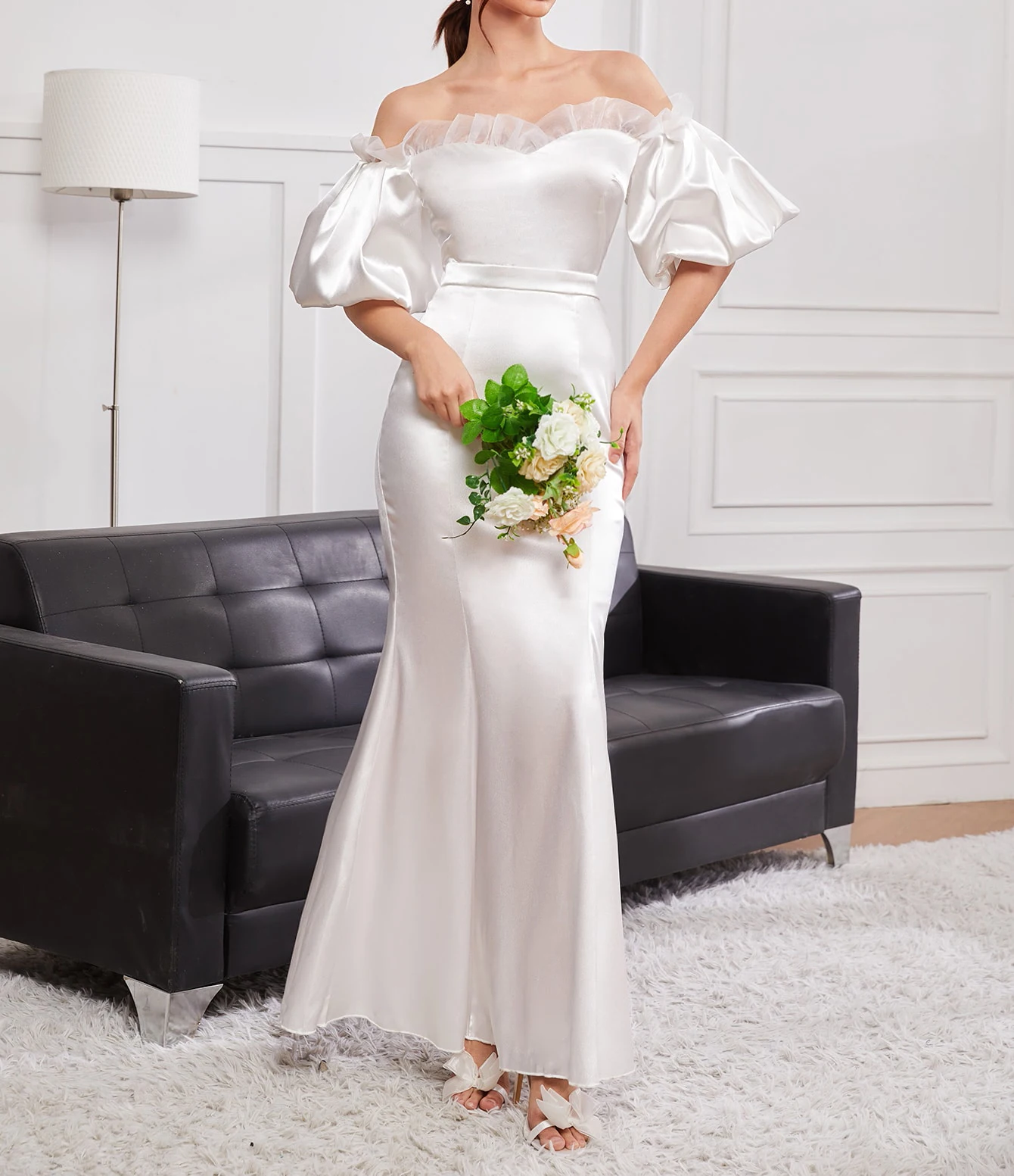 OEM Custom Women Off The Shoulder Lantern Short Sleeve Ruffle Details Fit and Flare Satin Maxi Dress