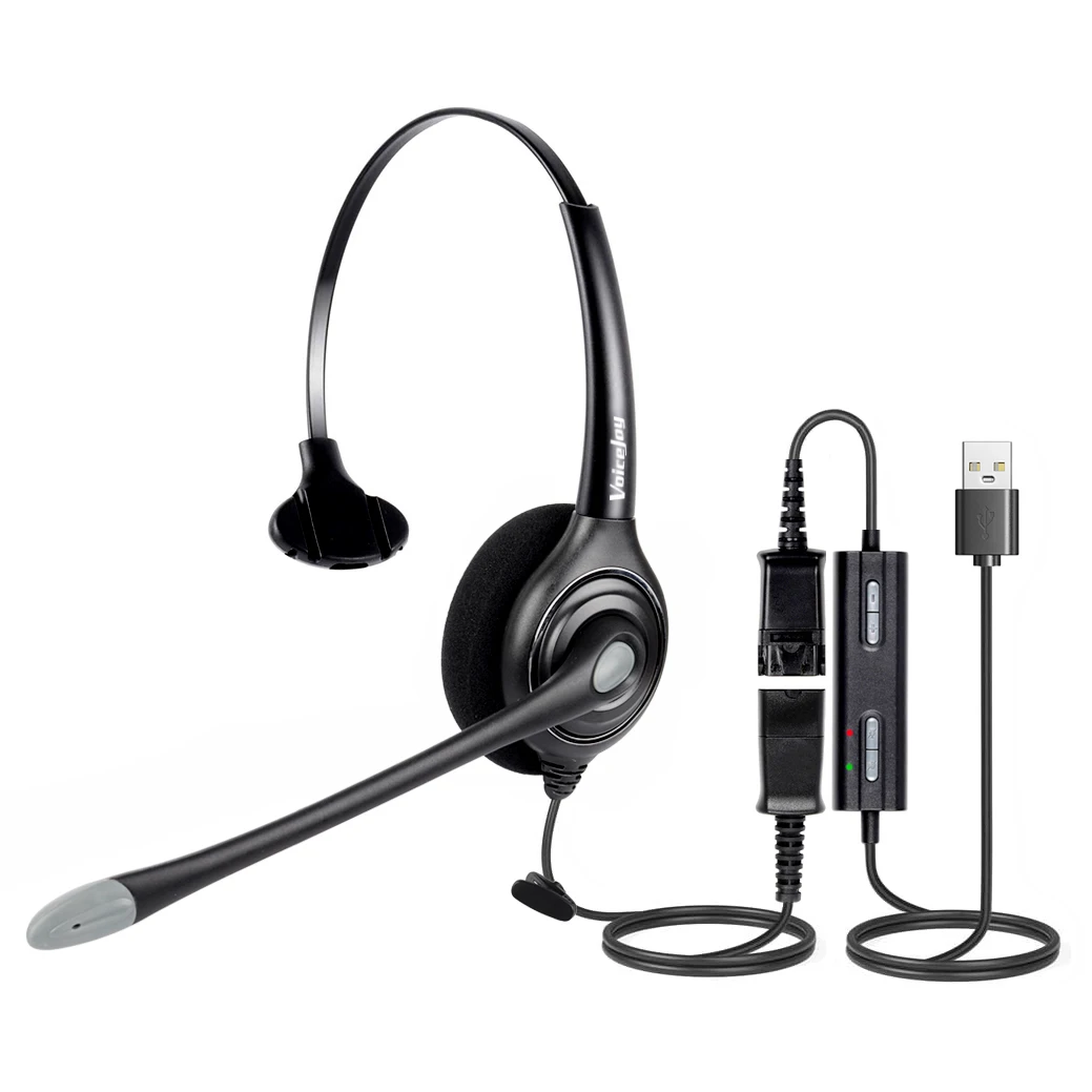 VoiceJoy USB Monaural Headphone Call Center Noise Cancelling Headset with Quick Disconnect to USB Adapter