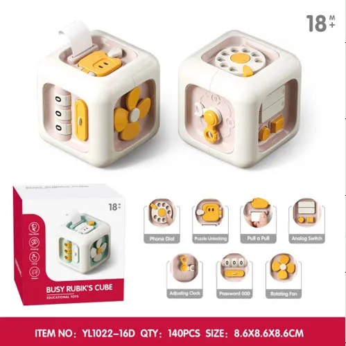 Huiye 6 In 1 Activity Cube Multi-Function Busy Board Stem Puzzle Toys Kids Stress Relief Desktop Spin Game Montessori Toys Gifts