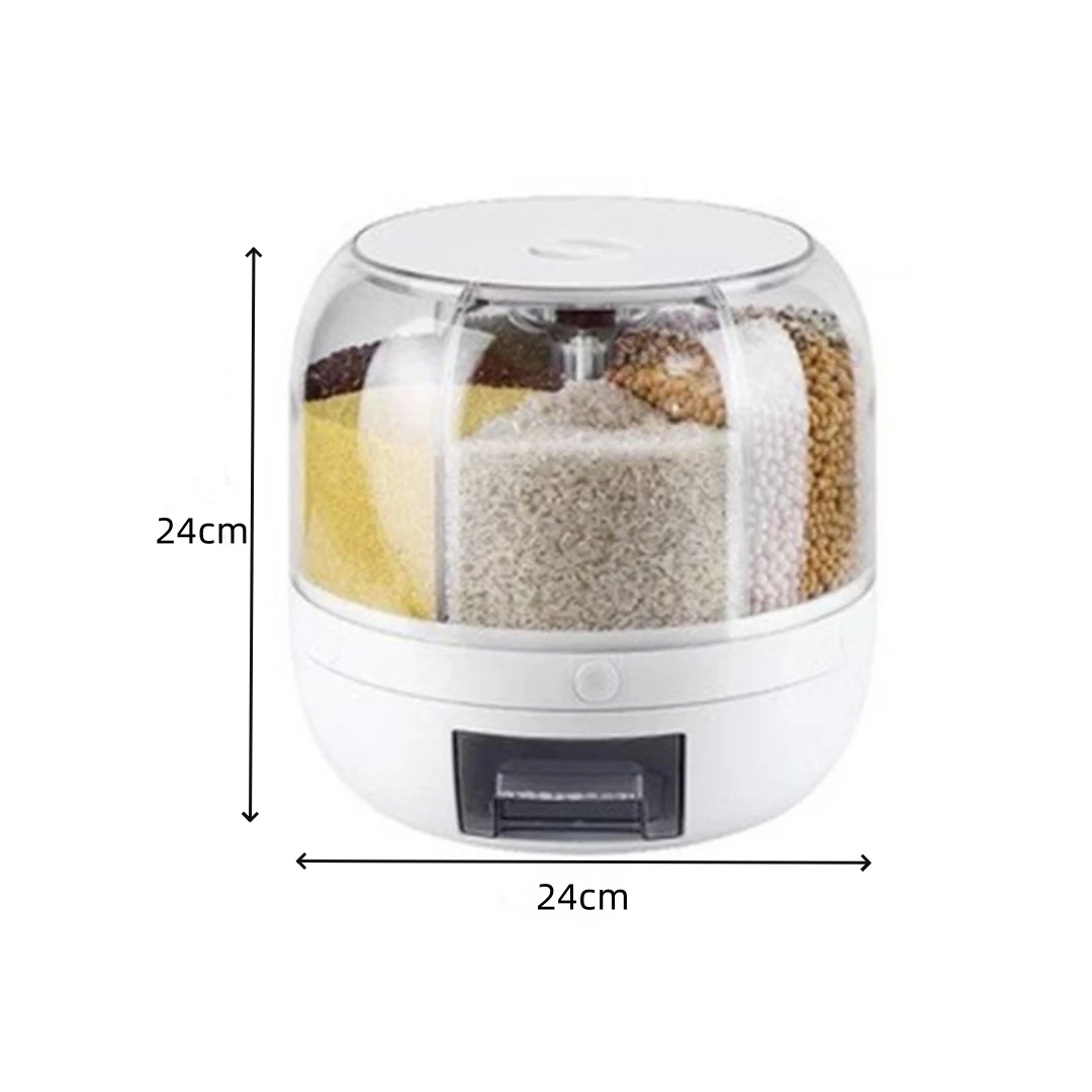 3KG 6-Compartment Grain Dispenser Rotating Storage Container Dry Food Dispenser with Measuring Cup for Kitchen Grains Beans Rice